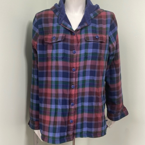 LL Bean Women's Plaid Flannel Lined Button Front Hoodie w/Pockets Medium - Picture 4 of 8